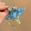 Blue Fabric Blossom Heart Earrings With Polished Metal Tone Details view 1