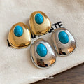 Blue Oval Resin Stud Earrings in Gold and Silver Tones view 3