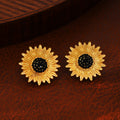 Gold Tone Sunflower Black Beaded Center Stud Earrings view 6