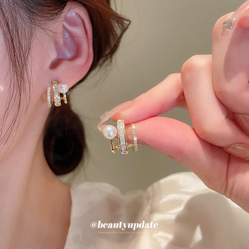 Gold Tone Geometric Pearl Stud Earrings In Two Designs