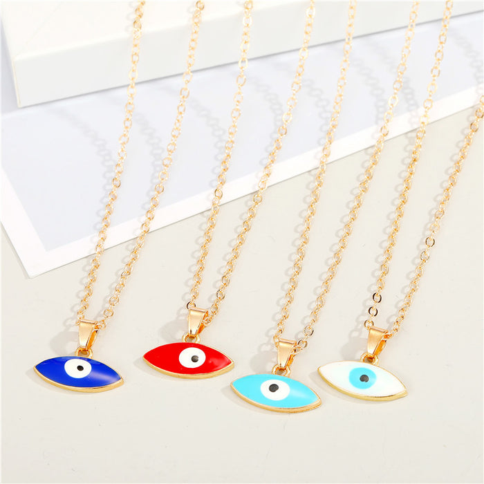 Gold Tone Pointed Oval Enamel Evil Eye Pendant Necklaces in Four Colors