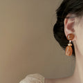 Marbled Geometric Resin Drop Earrings in Brown and Cream view 3