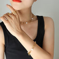 Knot Link Freshwater Pearl Necklace Bracelet Gold Steel Set view 3