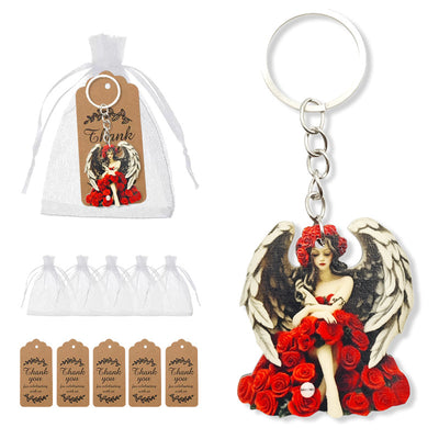 Winged angel red roses wood keychain with organza bags and kraft tags