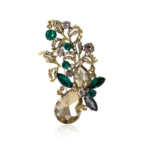Champagne teardrop crystal leaf branch brooch front view