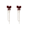 Burgundy Velvet Bow Drop Earrings Rhinestone Pearl Tassels view 5
