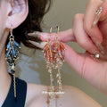 Crystal Leaf Fringe Drop Earrings in Blue and Pink view 2