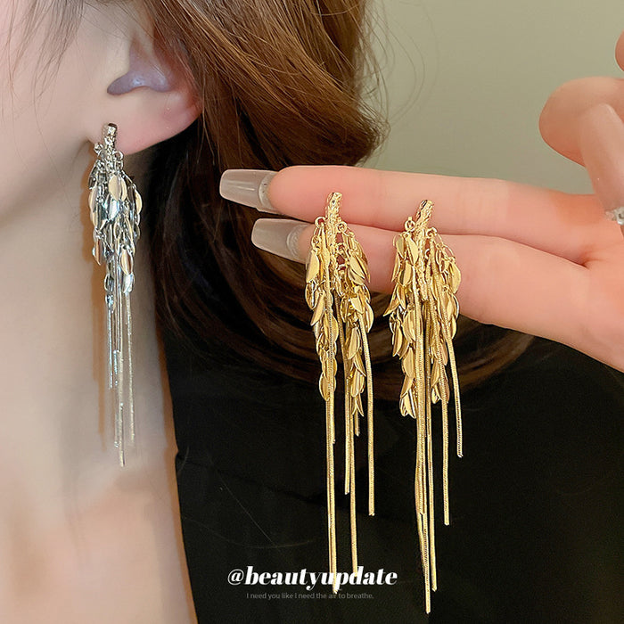 Wheat Spray Metal Tassel Earrings In Gold And Silver Tones