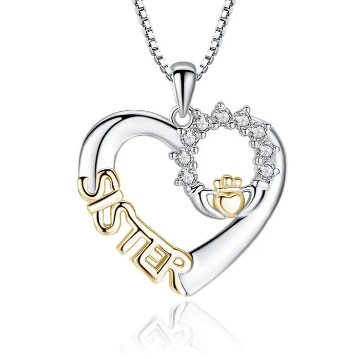 Sister Heart Claddagh Pendant Necklace Three Metal Tones
