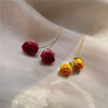 Preserved Rose and Pearl Long Drop Earrings in Two Colors