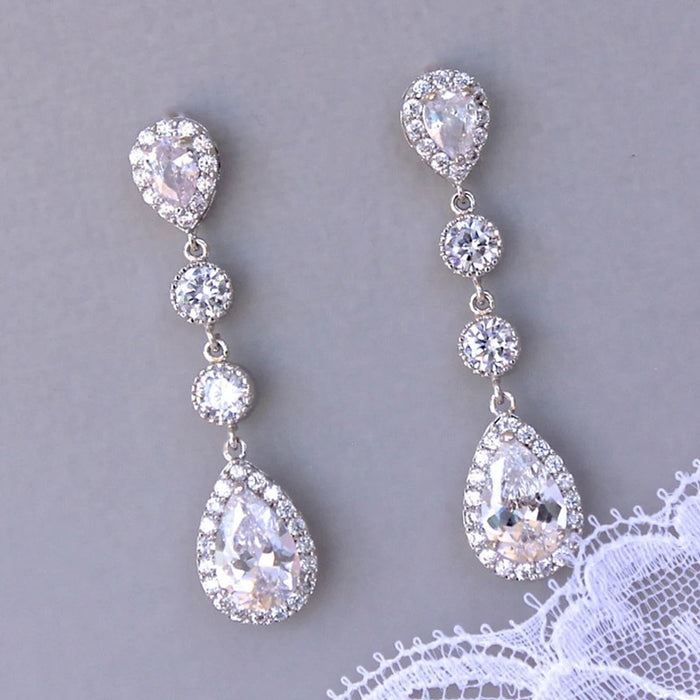 Round Teardrop Clear Stone Drop Earrings Metal Jewelry Design