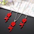 Gold Tone Red and Black Rose Pendant Necklace and Hook Earrings view 2