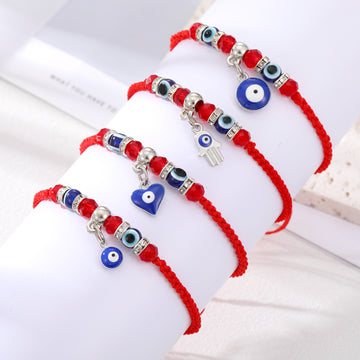 Silver Tone Blue Evil Eye Bead Red Cord Bracelets with Four Charms