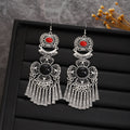 Black and Turquoise Look Silver Ethnic Tassel Earrings view 2