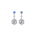 Blue Round Stone and Clear Hexagonal Drop Earrings in Silver Tone view 5