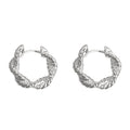 Silver Tone Textured Leaf Wreath Round Hoop Earrings view 5
