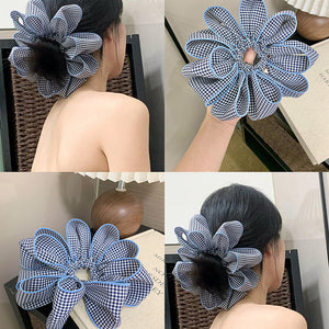 Blue Gingham Flower Petal Lace Edge Scrunchie Hair Tie