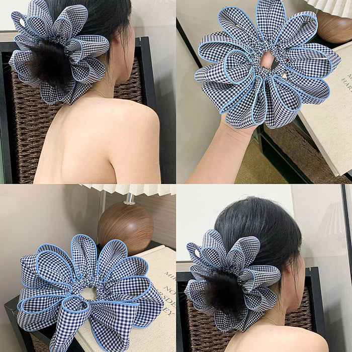 Blue Gingham Flower Petal Lace Edge Scrunchie Hair Tie