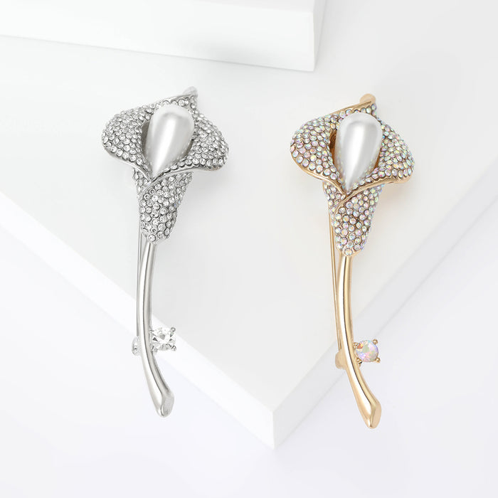 Long Stem Calla Lily Brooch in Gold or Silver Tone Crystals