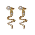 Gold Crystal Snake Drop Pearl Stud Earrings Jewelry Accessory view 5