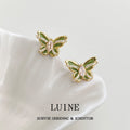 Gold Green Enamel Butterfly Stud Earrings Peach Crystal Center view 6