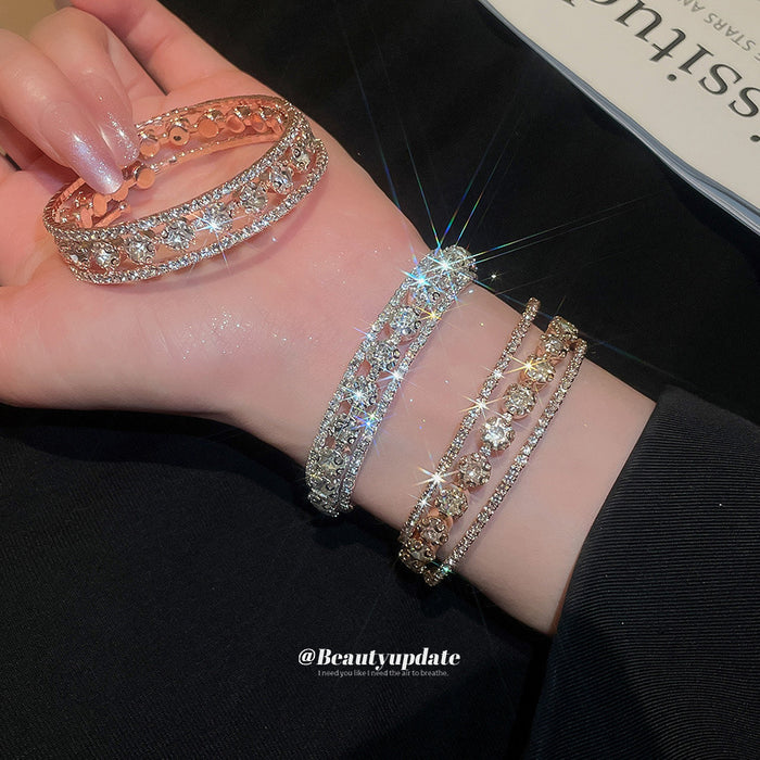 Triple Row Rhinestone Oval Bangles Silver Rose Gold
