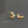 Gold Textured Crescent Hoop Pearl Stud Earrings Pair view 6