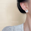 Pink White Enamel Petal Flower Stud Earrings Gold Edge view 2