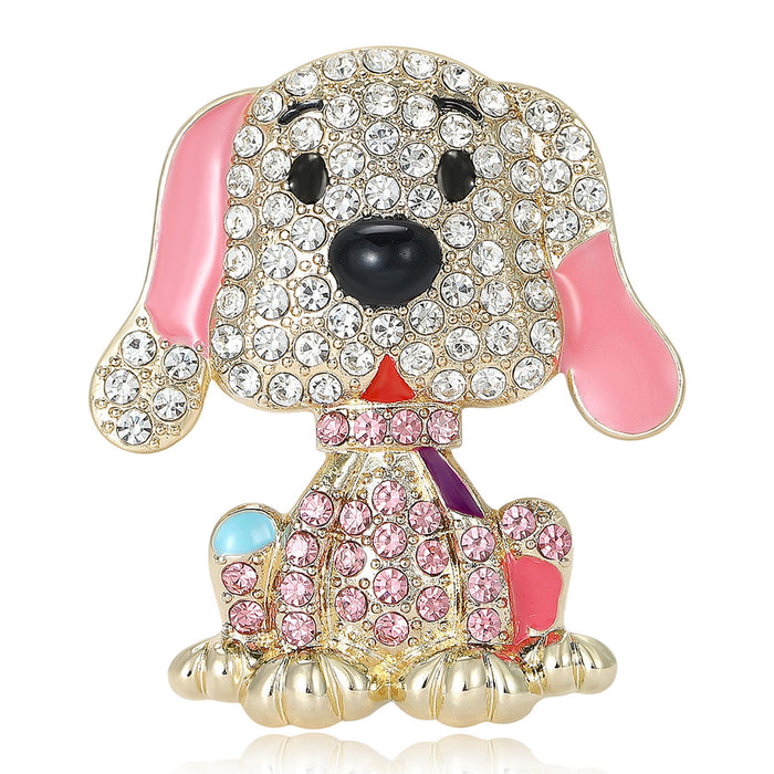 Crystal Sitting Dog Brooch in Pink or Blue With Black Nose