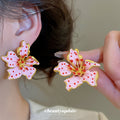Pink Enamel Lily Flower Stud Earrings With Gold Trim view 1