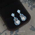 Blue Enamel Gourd Drop Earrings Silver Tone Flower Posts view 4
