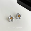 Silver Textured Flower Stud Earrings Gold Tone Centers view 3