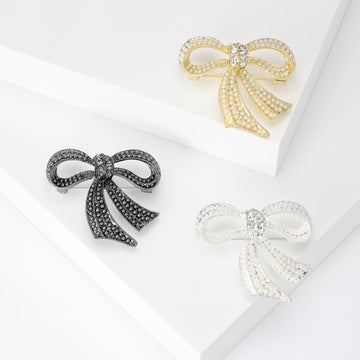 Pearl Rhinestone Bow Brooch Gold Silver Black Three Styles
