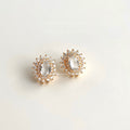 Gold Oval Clear Crystal Halo Stud Earrings Sunburst Pair view 4
