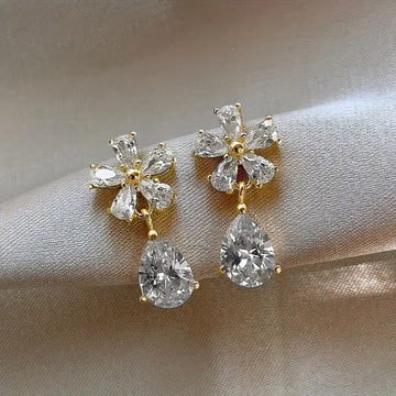 Gold Tone Flower Clear Teardrop Stud Earrings Polished Jewelry Accessory