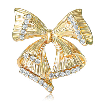 Rhinestone Bow Brooch Silver or Gold Ribbed Metal Metal Pin Brooch