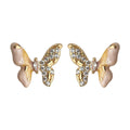 Gold Butterfly Stud Earrings Pink Enamel Crystal Wing Pair view 5