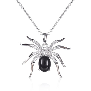 White Gold Spider Pendant Necklace Black Oval Cabochon