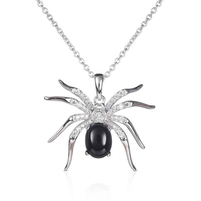 White Gold Spider Pendant Necklace Black Oval Cabochon