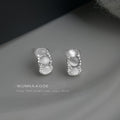 Silver Tone Triple White Cat Eye Oval Ornate Frame Stud Earrings view 4