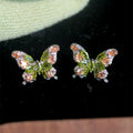 Green And Pink Crystal Butterfly Stud Earrings Statement Jewelry Pair view 1