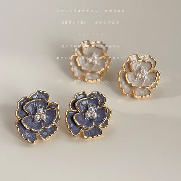 Enamel Camellia Flower Pearl Stud Earrings Two Colors