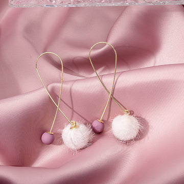 Gold Loop Threader with White Fuzzy Ball Drop Earrings