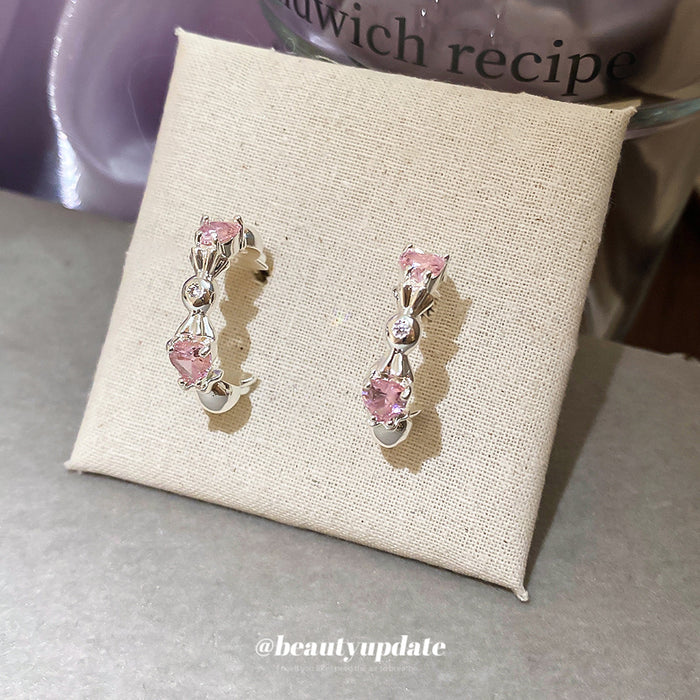 Silver Tone Pink Crystal Hoop Earrings With Decorative Details