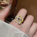 Yellow Enamel Flower Open Ring Pink Crystal Silver Tone view 3