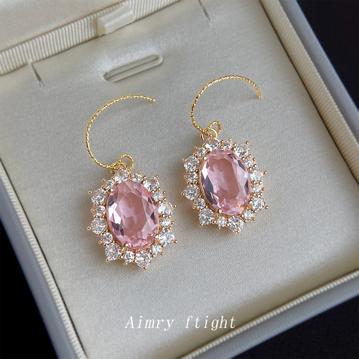 Gold Tone Pink Oval Faceted Stone Clear Halo Hook Earrings