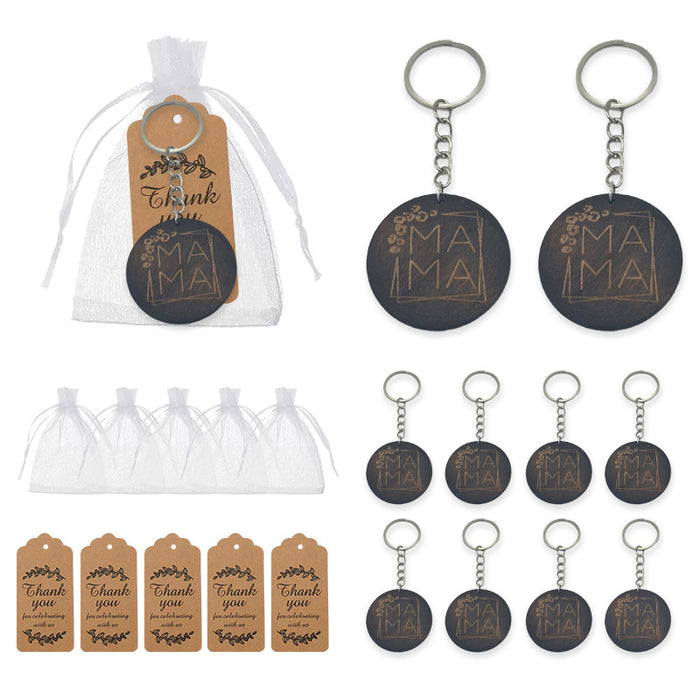 Black Round Wood Mama Keychain With Metal Ring, Two Package Styles