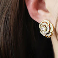 Sculpted Rose Clear Stone Stud Earrings In Gold And Silver Tones view 2