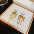 Pearl Stud Earrings With Gold Tone Beaded Fringe Drops view 6