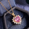Gold Tone Pink Heart CZ Halo Pendant Necklace on Chain view 2